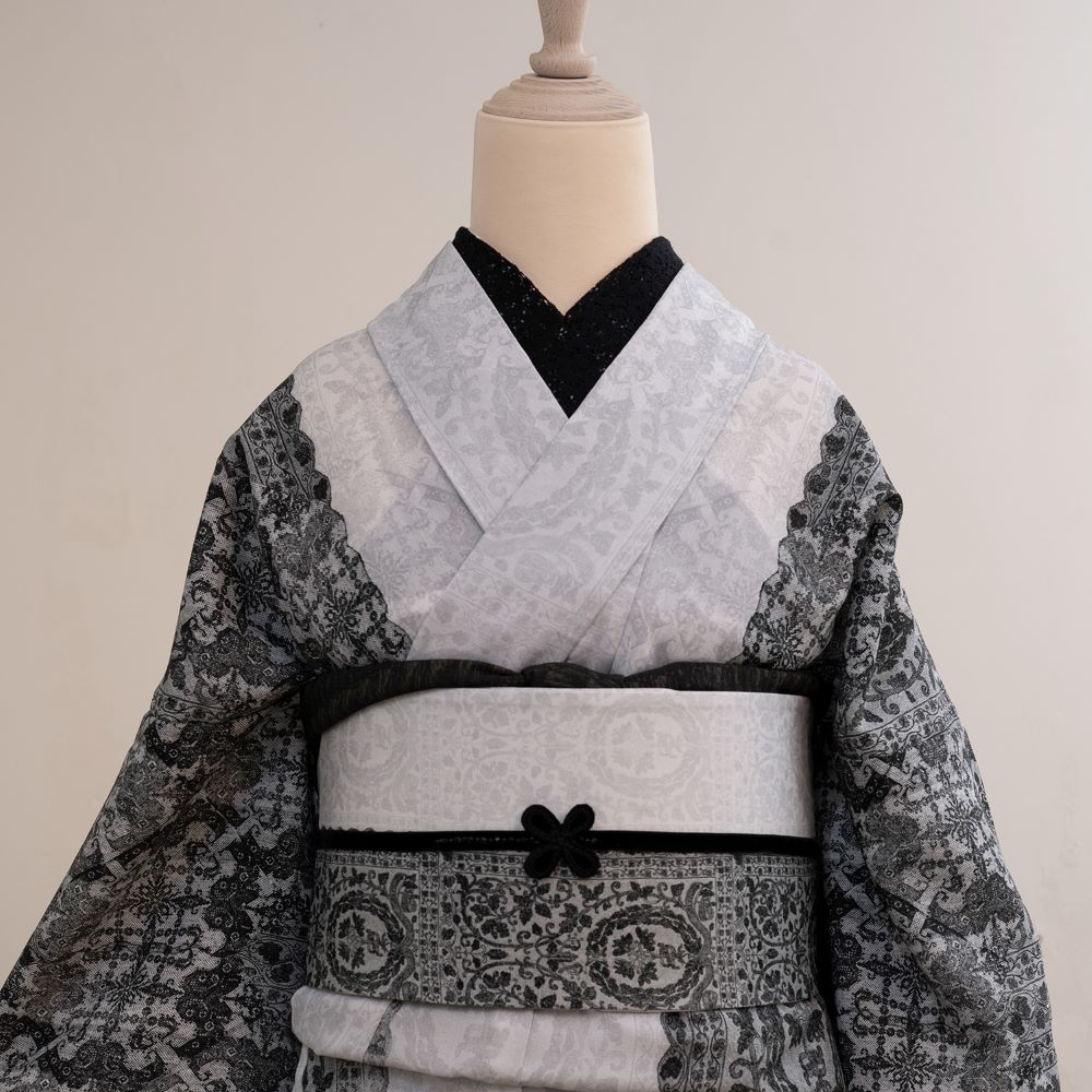 即納品　半幅帯（リバーレース（モノクローム））　SAK-HNOP200403