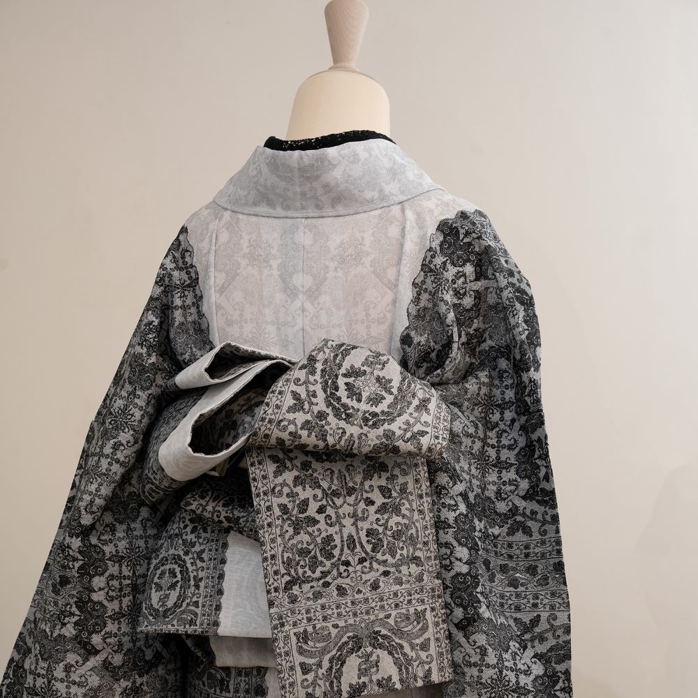 即納品　半幅帯（リバーレース（モノクローム））　SAK-HNOP200403