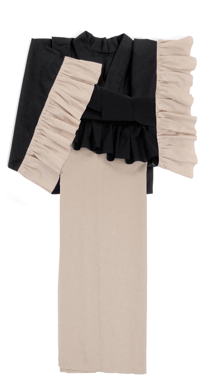 SAK-KMCFT20240321　クロス着物　フリルトップス（バイカラー・ブラック）