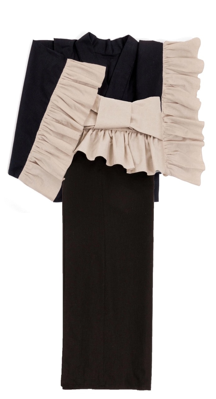 SAK-KMCFS20240321　クロス着物　フリルスカート（バイカラー・ブラック）