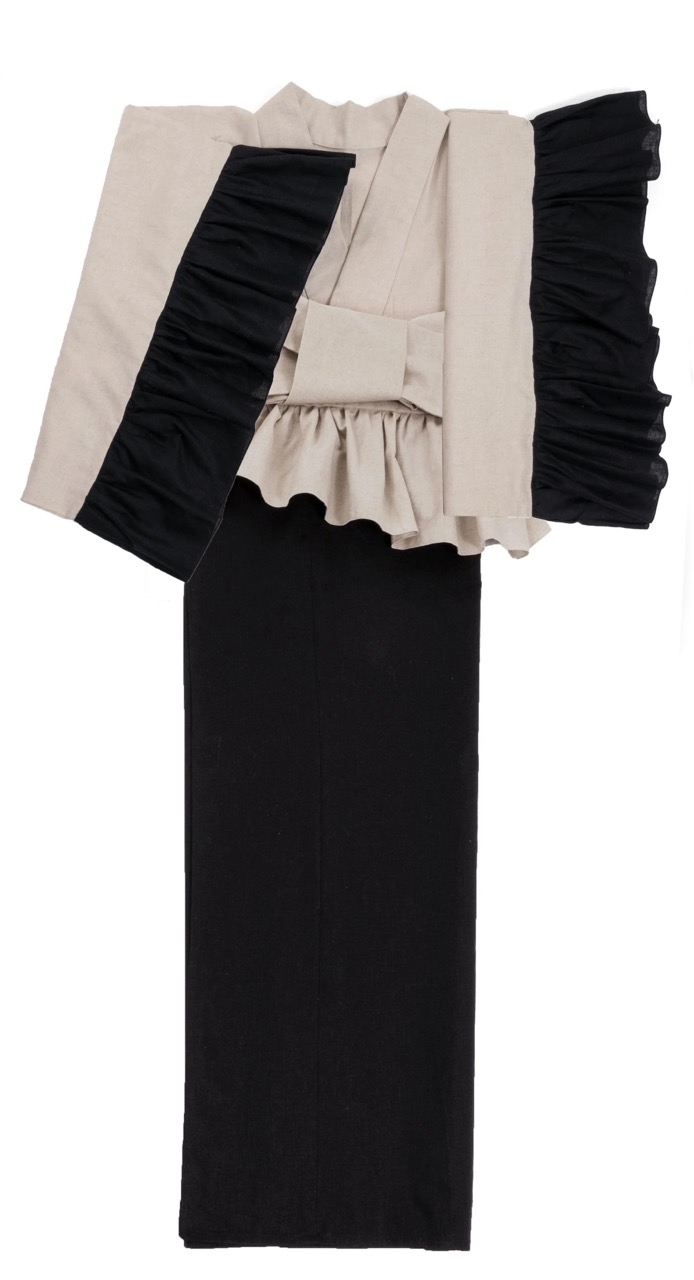 SAK-KMCFS20240321　クロス着物　フリルスカート（バイカラー・ブラック）