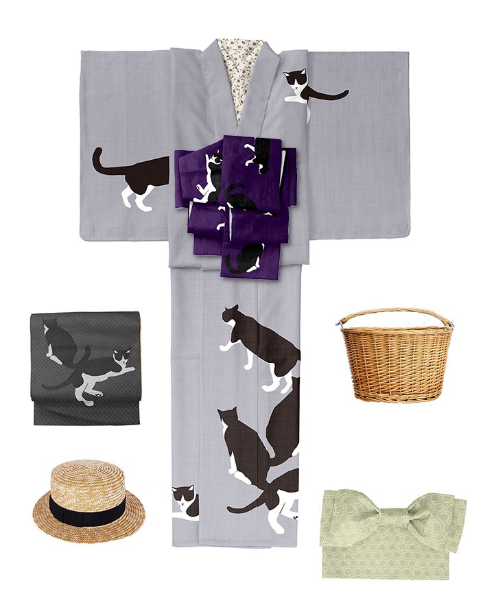 即納品 半幅帯（ハチワレ猫（紫）） SAK-HN41801a | 柄別,ねこ （科