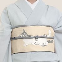 即納品　半幅帯（くつろぎ猫（ベージュ））　SAK-HN40401b