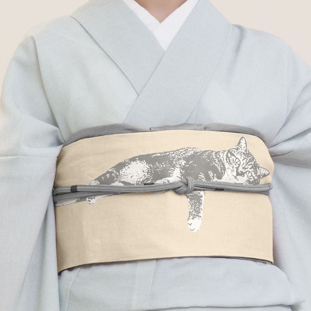 即納品　半幅帯（くつろぎ猫（ベージュ））　SAK-HN40401b