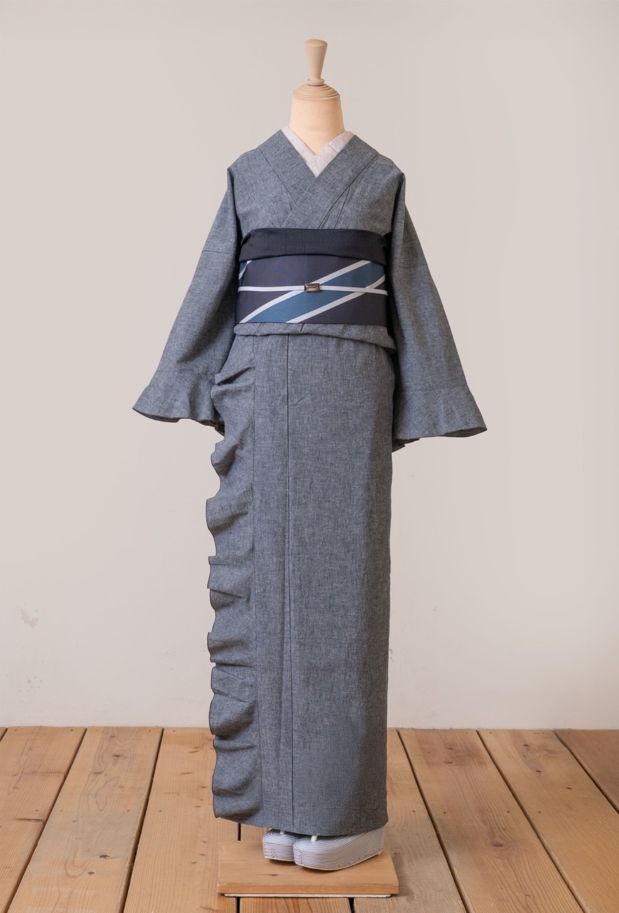 SAK-KMF20250220 フリル着物（綿麻ダンガリー・グレー）