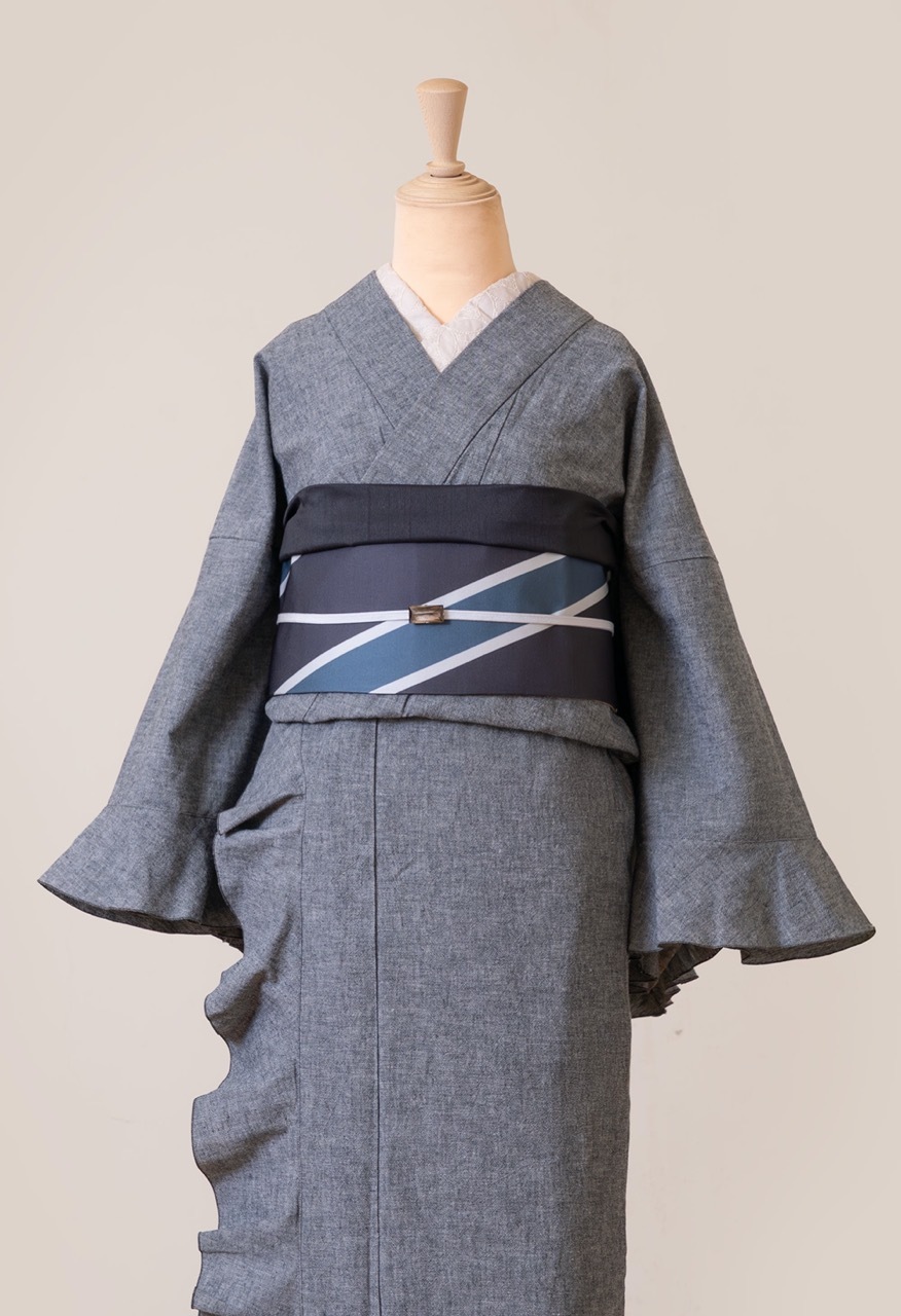 SAK-KMF20250220 フリル着物（綿麻ダンガリー・グレー）