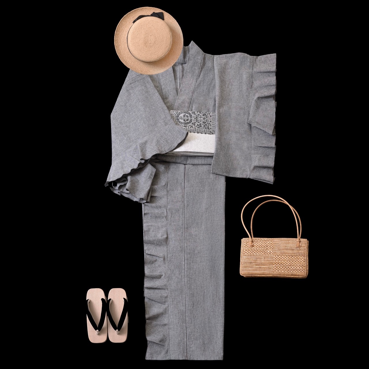 SAK-KMF20250220 フリル着物（綿麻ダンガリー・グレー）