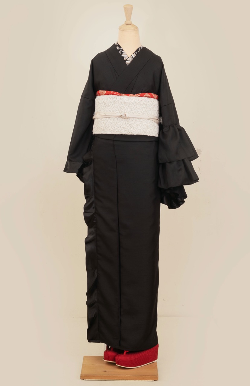 アシメフリル着物(ブラックシャンタン)　SAK-KMASF20240922