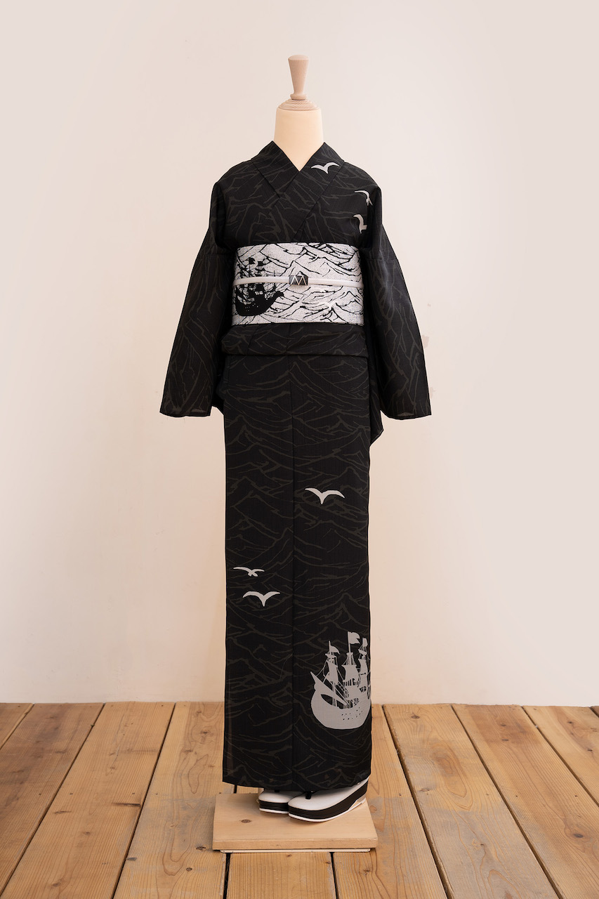 セオα夏着物・浴衣（船とカモメ/黒）　SAK-SK200323　