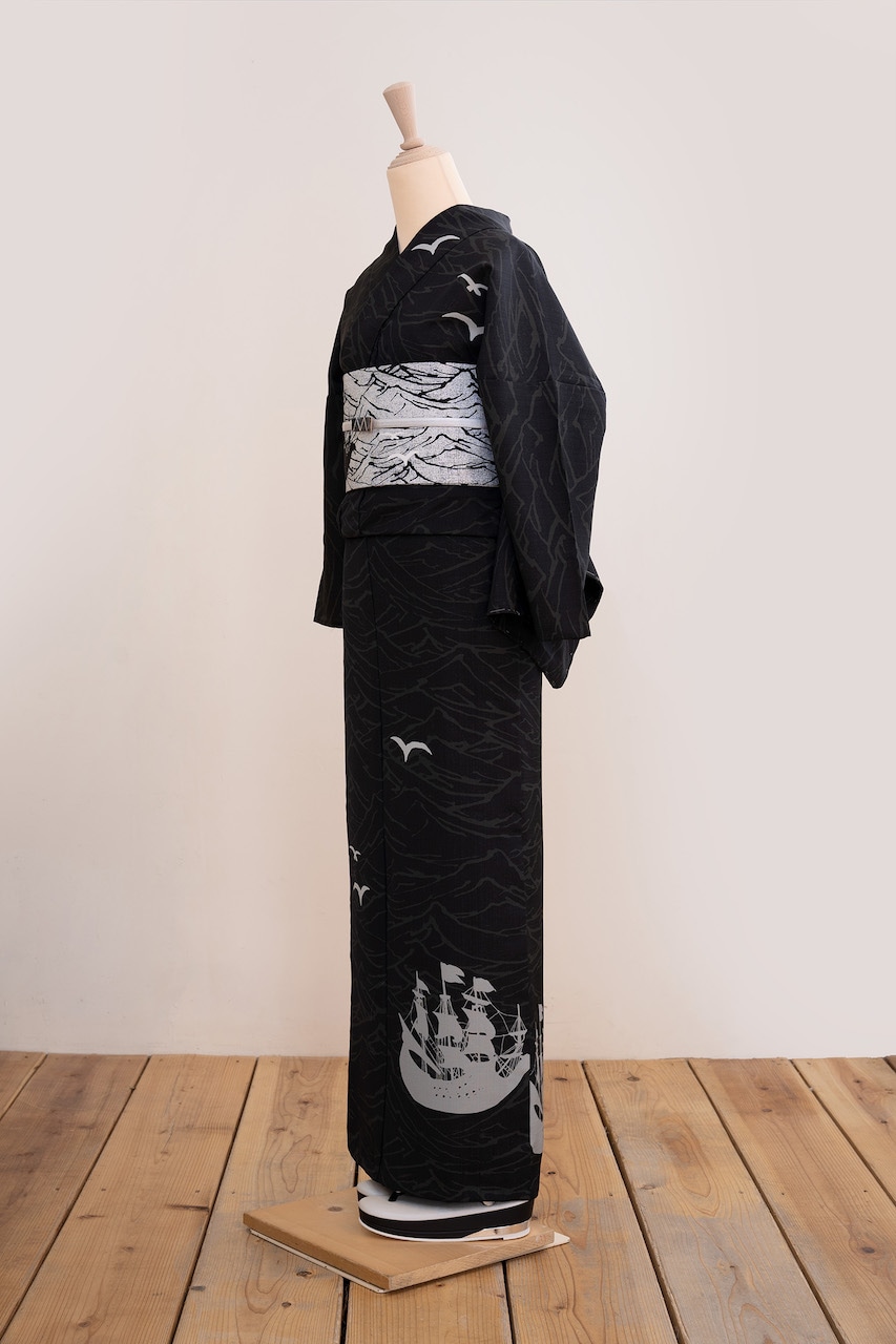 セオα夏着物・浴衣（船とカモメ/黒）　SAK-SK200323　