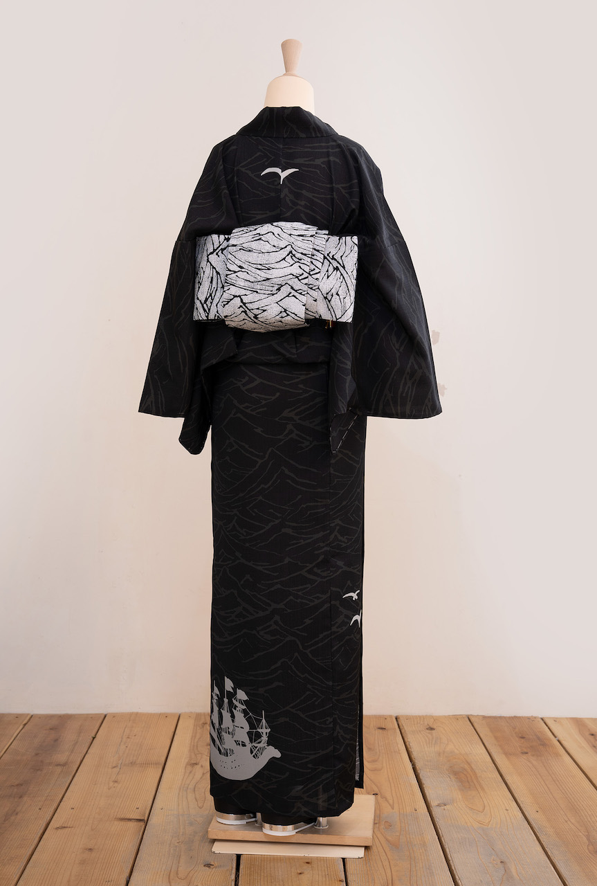 セオα夏着物・浴衣（船とカモメ/黒）　SAK-SK200323　