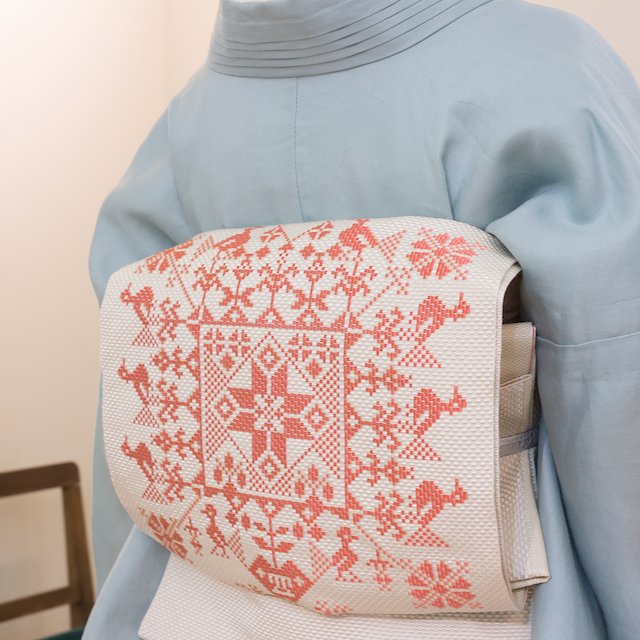 sakuオリジナル柄 正絹名古屋帯(ステッチ(赤)) SAK-ONS0301a