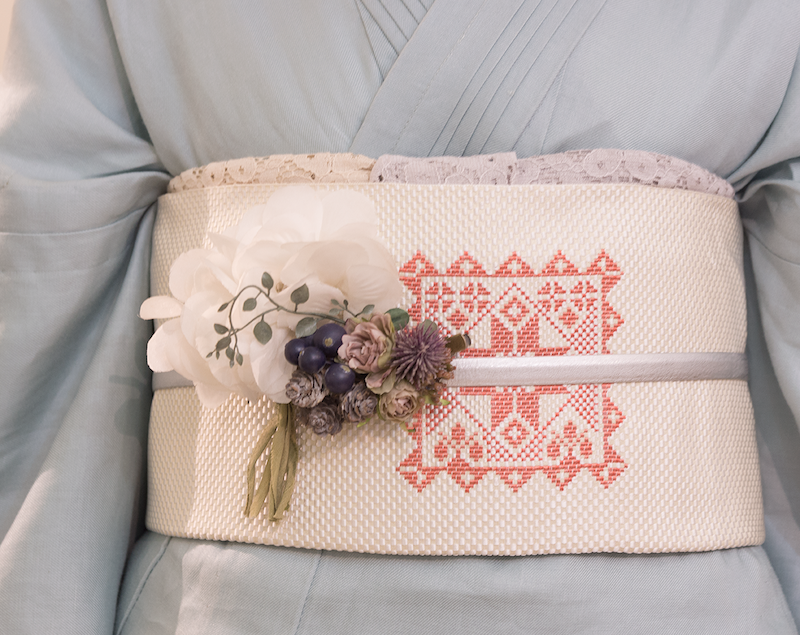 sakuオリジナル柄 正絹名古屋帯(ステッチ(赤)) SAK-ONS0301a