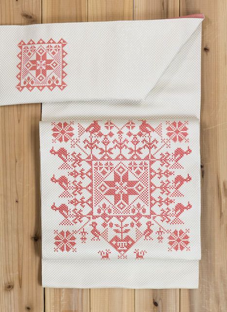 sakuオリジナル柄 正絹名古屋帯(ステッチ(赤)) SAK-ONS0301a