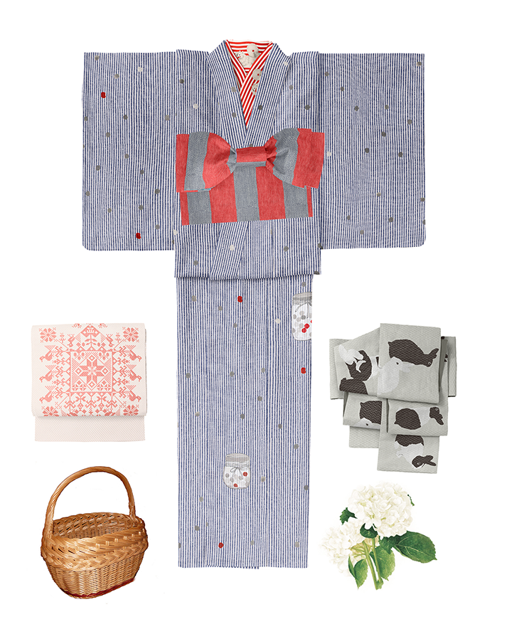 sakuオリジナル柄 正絹名古屋帯(ステッチ(赤)) SAK-ONS0301a