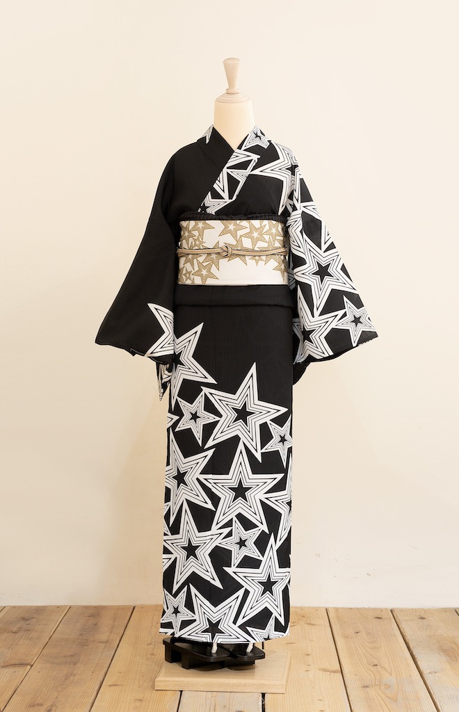 即納品　セオα夏着物・浴衣（星/ブラック）　sSAK-SK190513