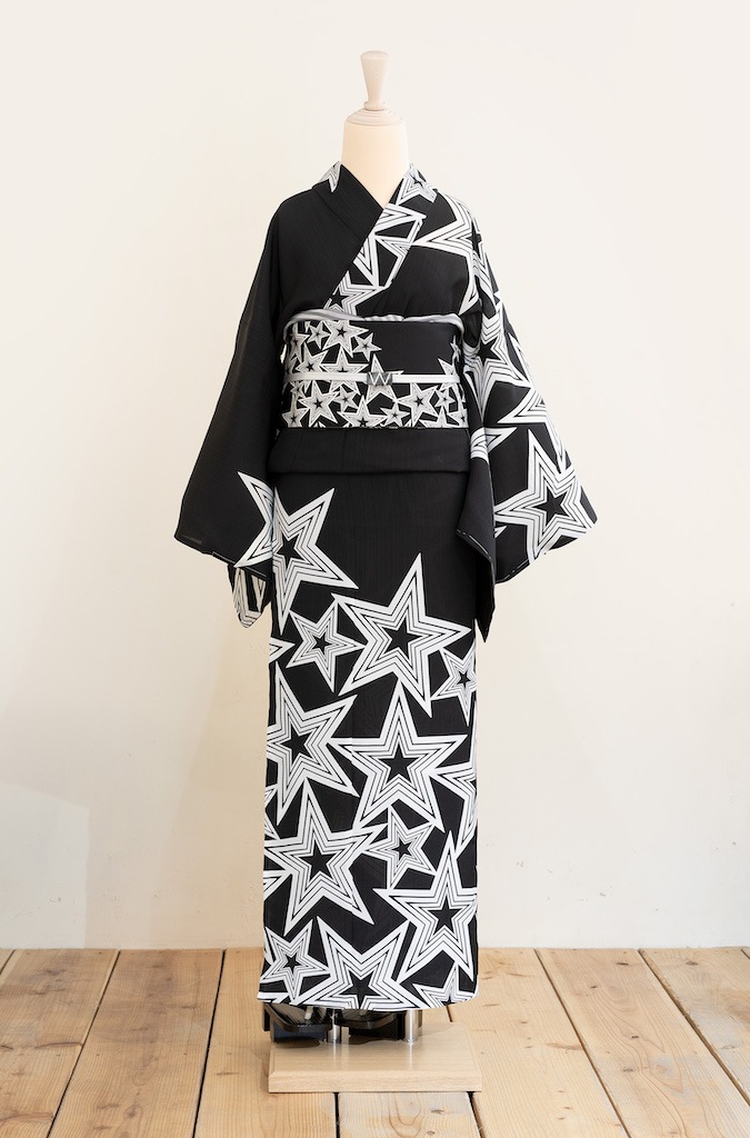 即納品　セオα夏着物・浴衣（星/ブラック）　sSAK-SK190513