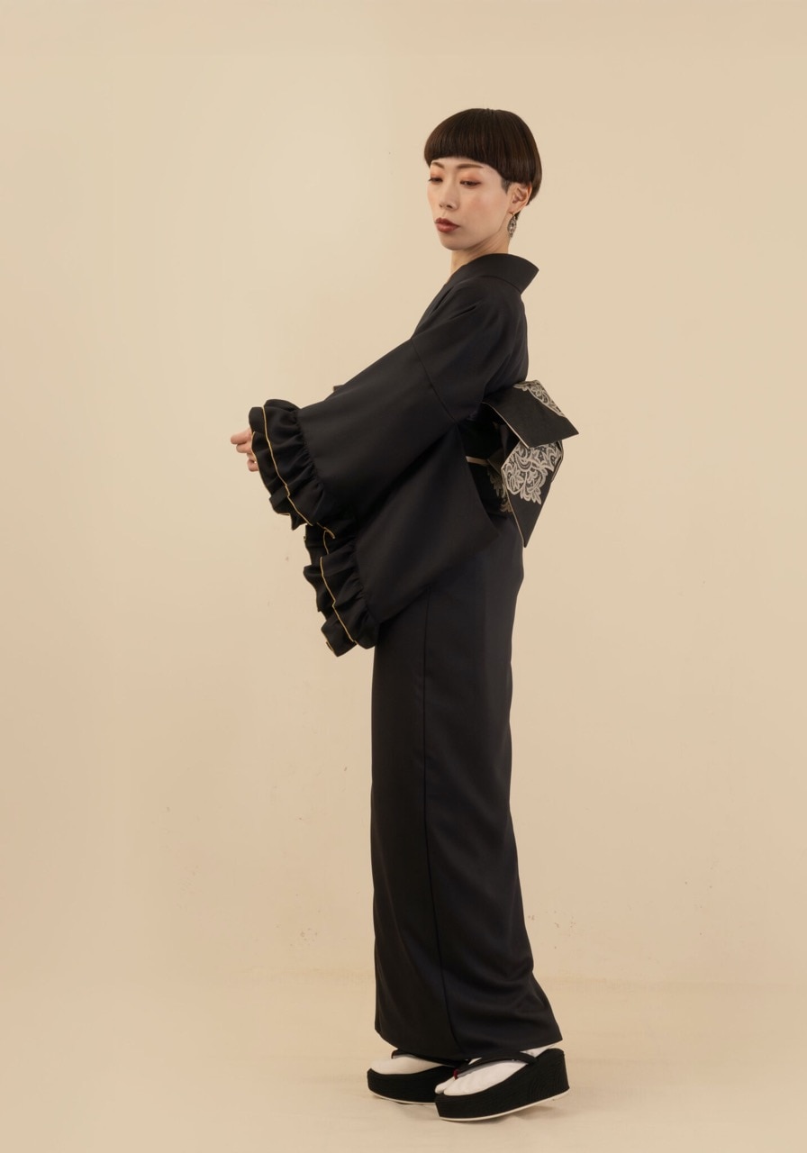 ギャザーフリル着物（ブラック）SAK-KMGF20241218