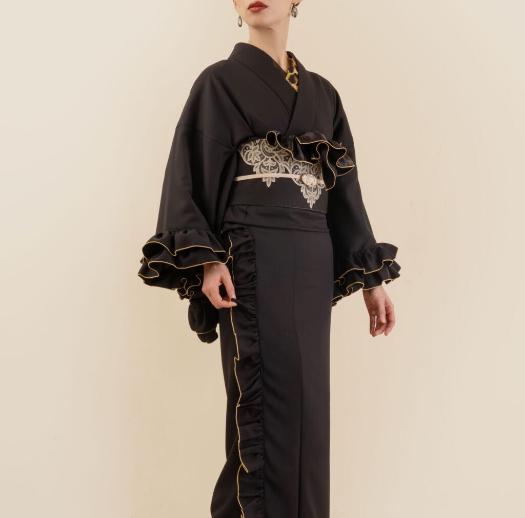 ギャザーフリル着物（ブラック）SAK-KMGF20241218 | さく研究所,着物