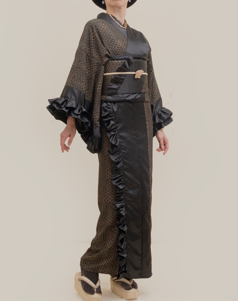 即納品 半幅帯　リバーシブルフリル（ヒョウ柄）　sSAK-HNOF251210