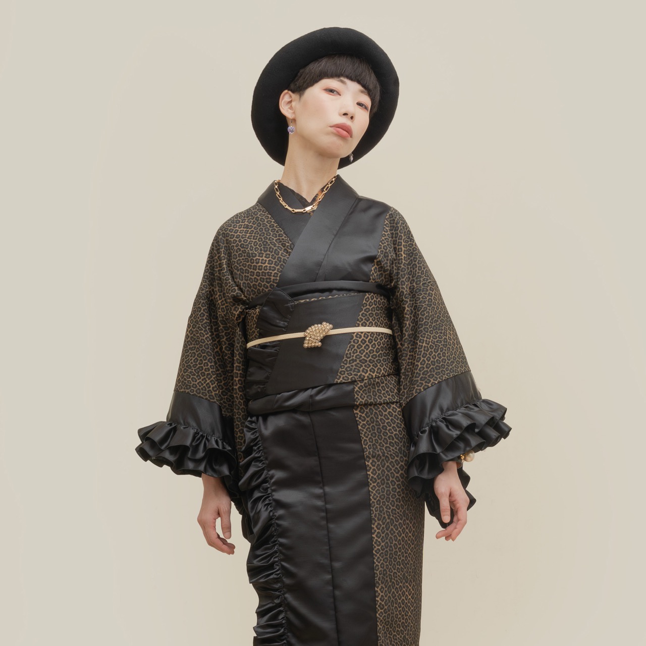 即納品 半幅帯　リバーシブルフリル（ヒョウ柄）　sSAK-HNOF251210