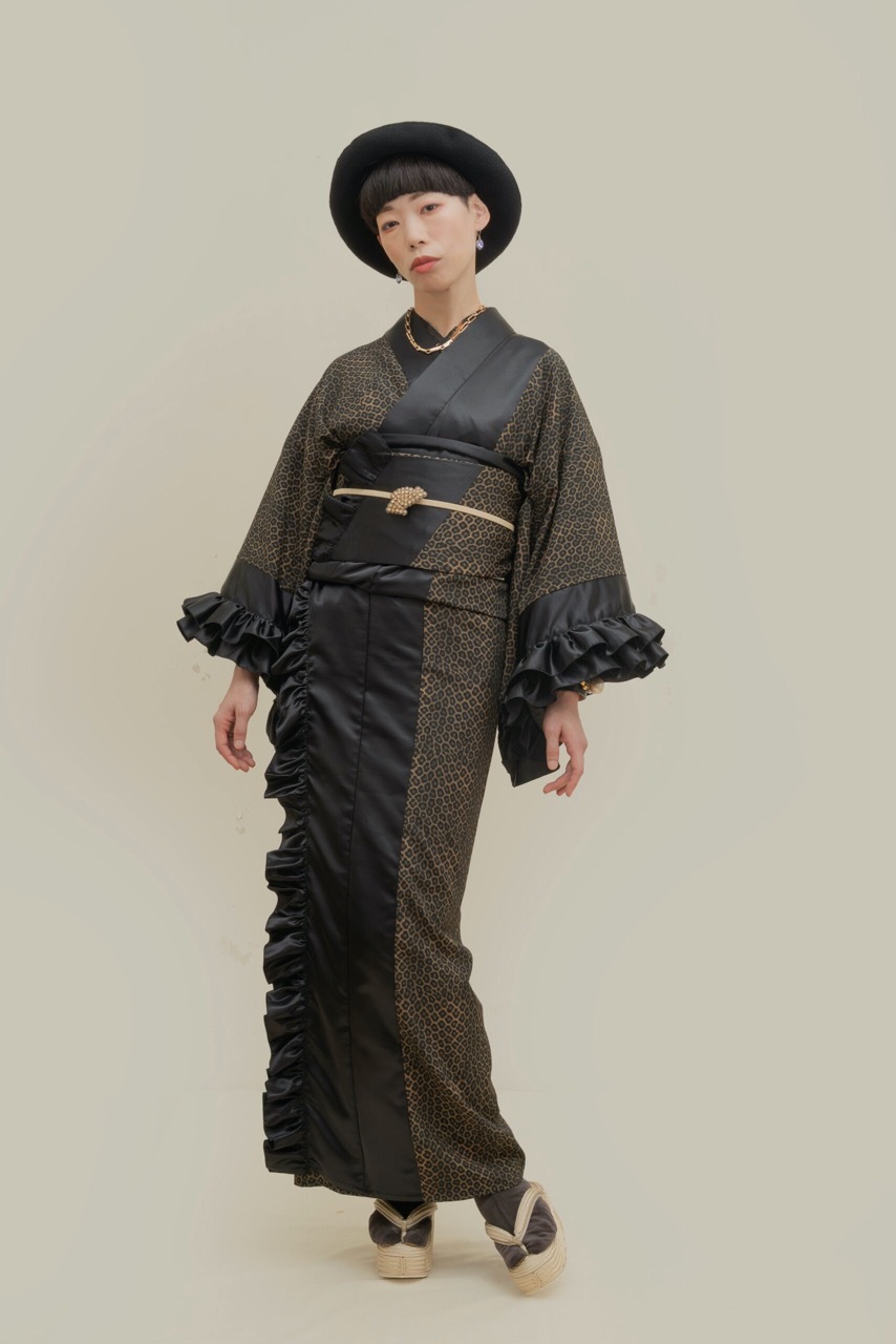 即納品 半幅帯　リバーシブルフリル（ヒョウ柄）　sSAK-HNOF251210