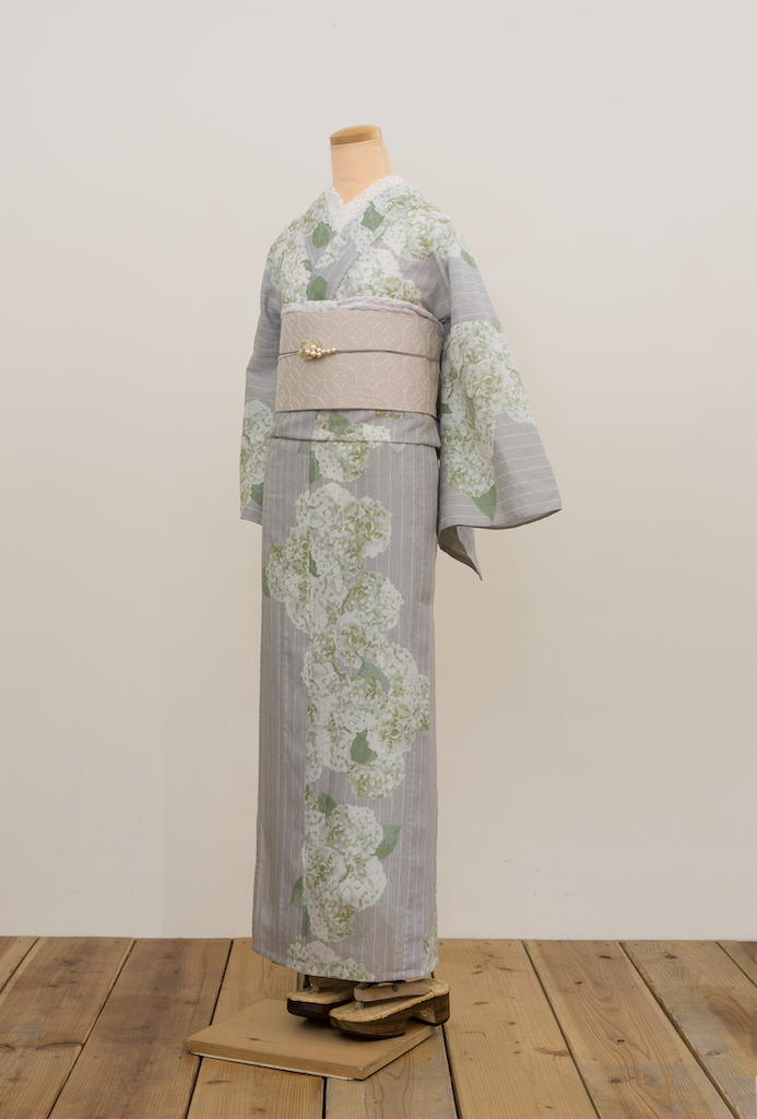 即納品 (綿麻)夏着物・浴衣（紫陽花・グレージュ）　sSAK-YKT20170321B
