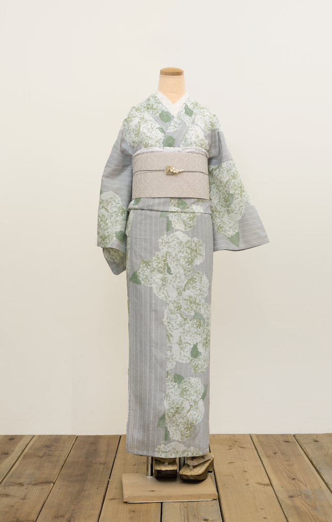 即納品 (綿麻)夏着物・浴衣（紫陽花・グレージュ）　sSAK-YKT20170321B