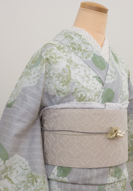 即納品 (綿麻)夏着物・浴衣（紫陽花・グレージュ）　sSAK-YKT20170321B