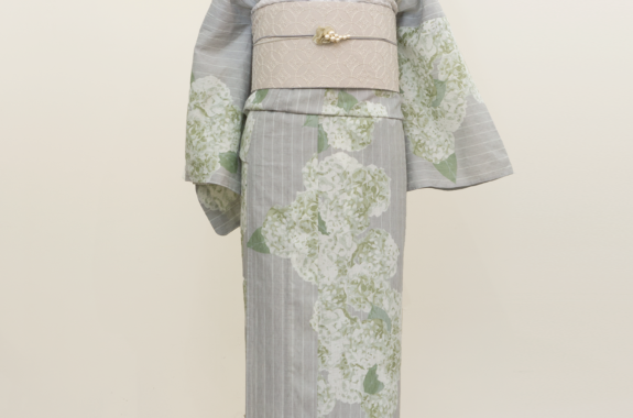 即納品 (綿麻)夏着物・浴衣（紫陽花・グレージュ）　sSAK-YKT20170321B