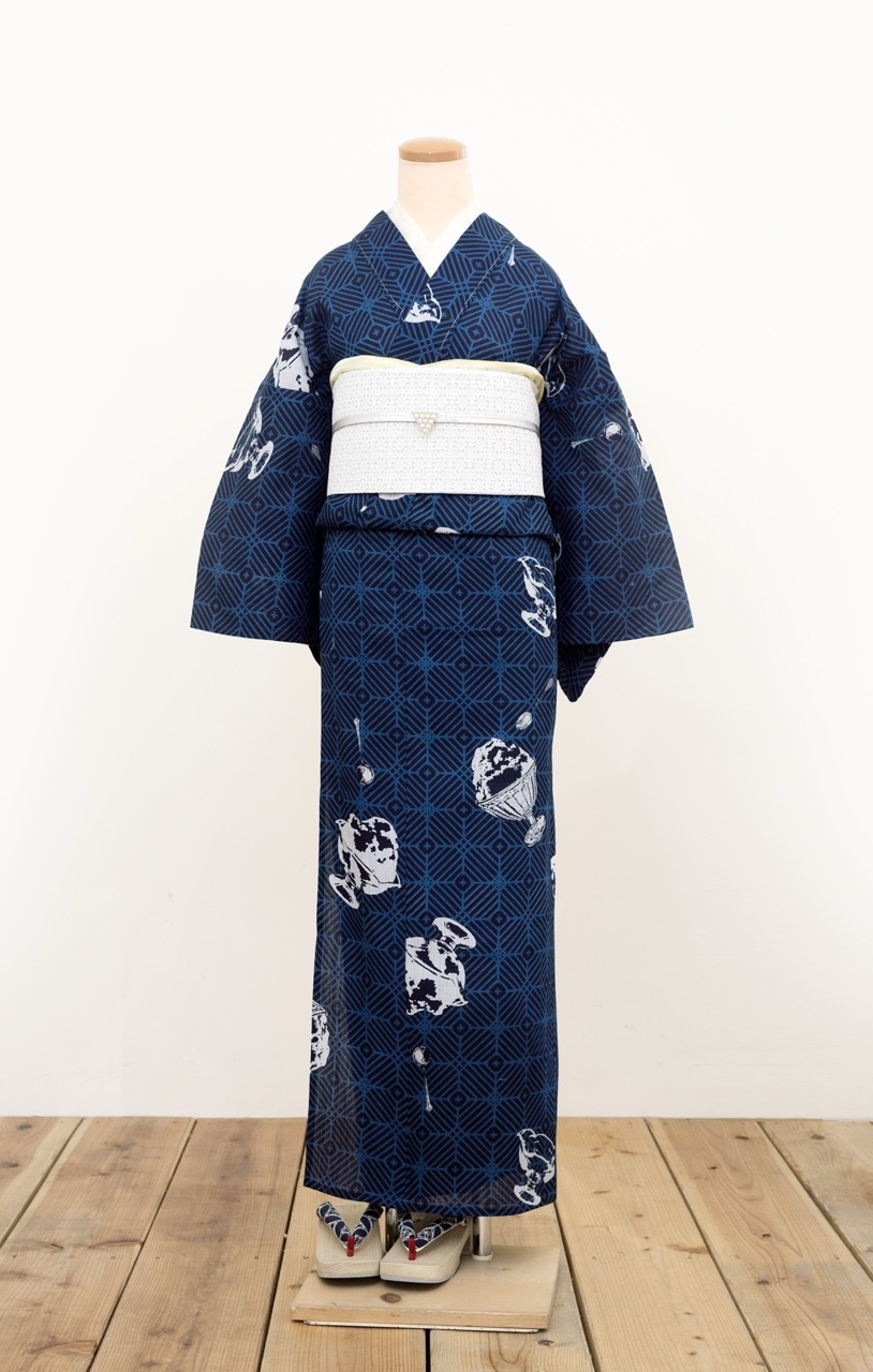 即納品 (綿麻)夏着物・浴衣（かき氷（紺））　sSAK-YKT20170322A　