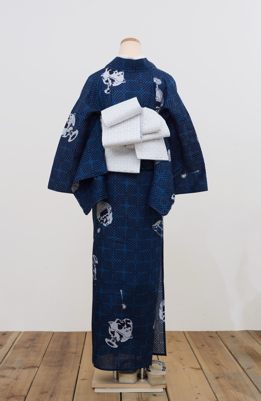 即納品 (綿麻)夏着物・浴衣（かき氷（紺））　sSAK-YKT20170322A　