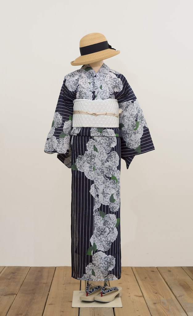 即納品 (綿麻)夏着物・浴衣（紫陽花（紺））　sSAK-YKT20170321A