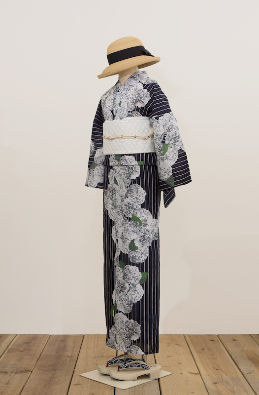 即納品 (綿麻)夏着物・浴衣（紫陽花（紺））　sSAK-YKT20170321A