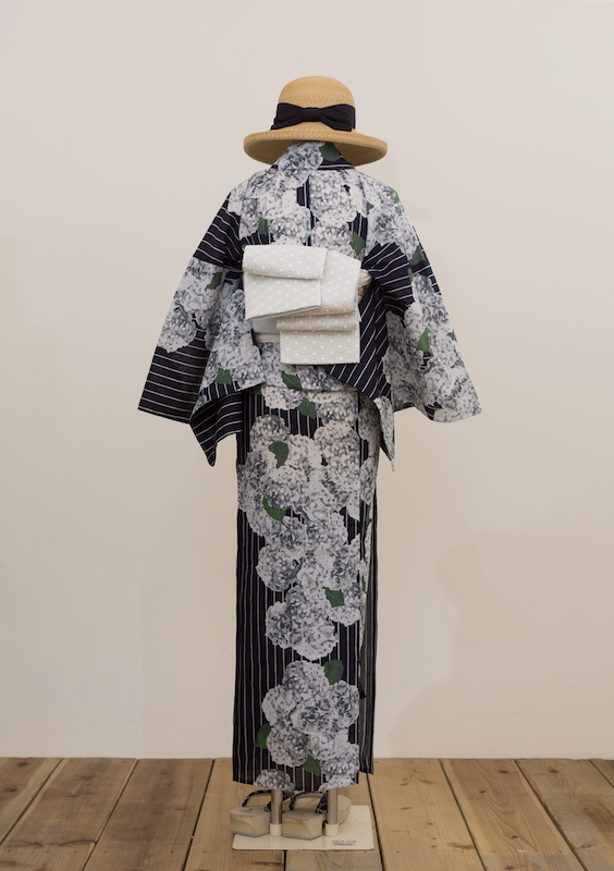 即納品 (綿麻)夏着物・浴衣（紫陽花（紺））　sSAK-YKT20170321A