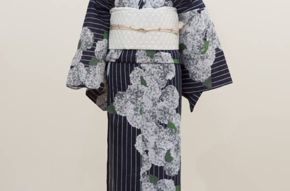 即納品 (綿麻)夏着物・浴衣（紫陽花（紺））　sSAK-YKT20170321A