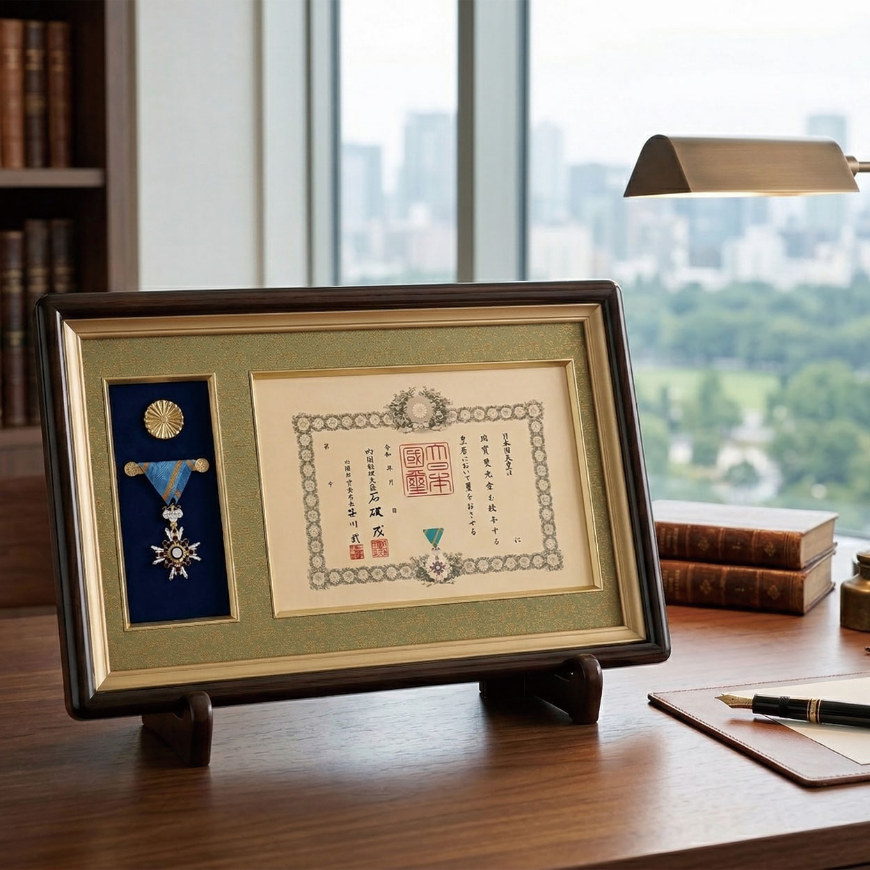 叙勲褒章叙位の記念品と額縁 国産ひのき材 ミニチュア額 マホガニー色