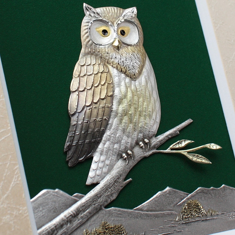 X289 純銅製アートレリーフ フクロウ 1号 光則 パネル 箱入 光則 純銀
