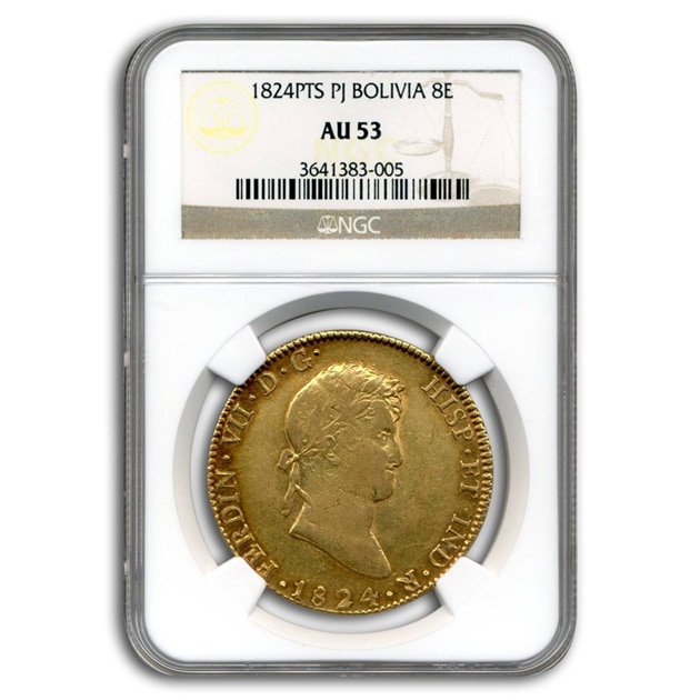 フェルナンド7世 8エスクード金貨 ボリビア 1824年製 AU-53 NGC
