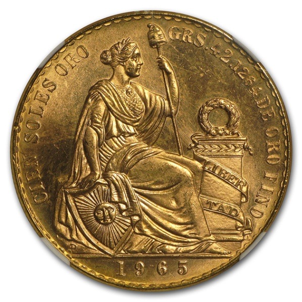 リバティ 100ソル金貨 ペルー リマ造幣局 1965年製 MS-65 NGC