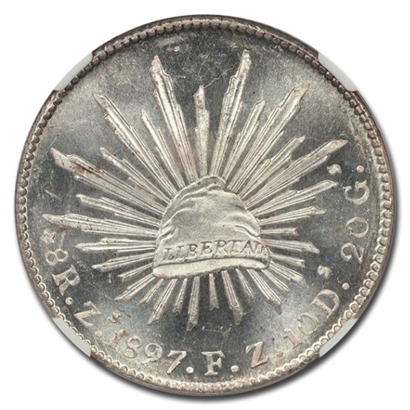 メキシコ 8レアル銀貨 サカテカス造幣局 1897年 MS-64 NGC (PL