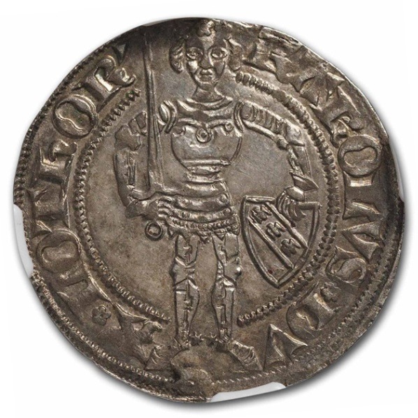 4307. 中世ヨーロッパ時代 フランス ベアン領 ディナール銀貨 1390-1431年 シャルル2世 ロレーヌ公 グロ 銀貨 フランス
