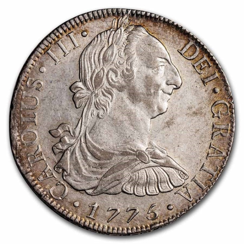 1775年 カルロス3世 スペイン国王 8レアル 銀貨 ピラーダラー メキシコ 1775年 カルロス3世 スペイン国王 8レアル 銀貨 ピラーダラー メキシコ