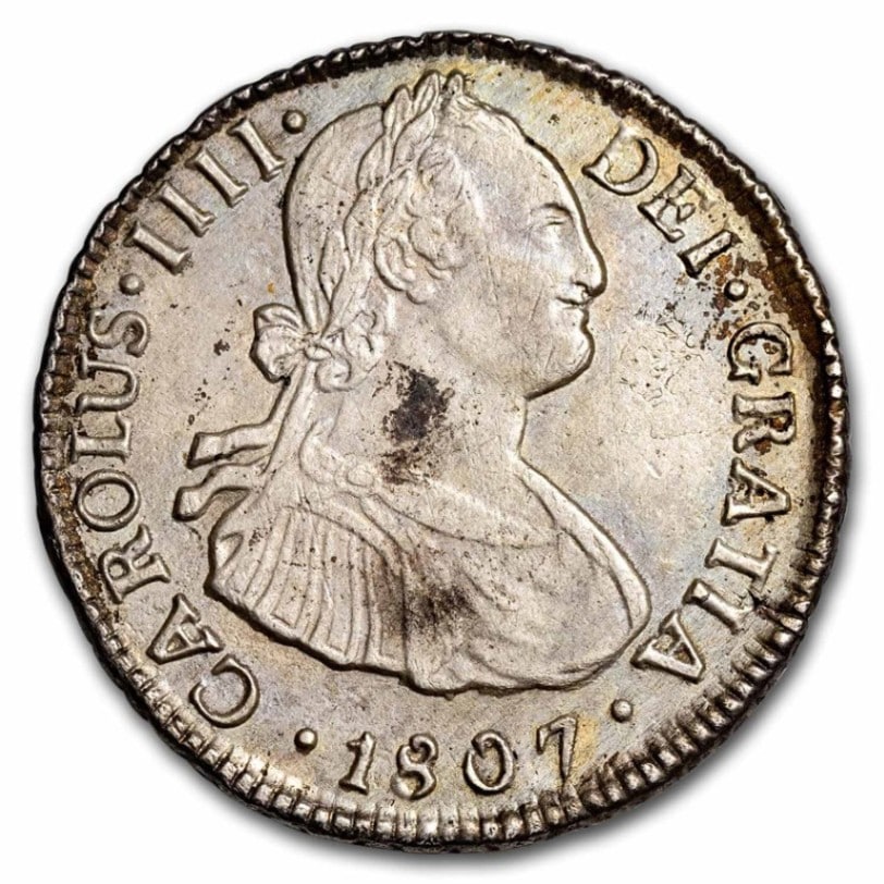 1807年 カルロス4世 スペイン国王 2レアル 銀貨 チリ サンティアゴ