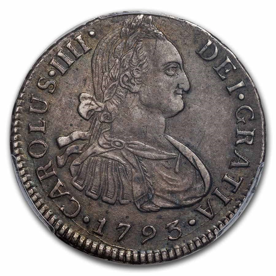1793年 カルロス4世 スペイン国王 2レアル 銀貨 ペルー リマ AU