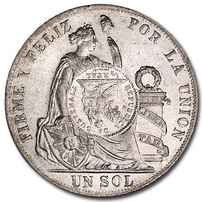 1894年 グアテマラ 1ペソ 銀貨 BU (Overstruck on Peruvian Sol