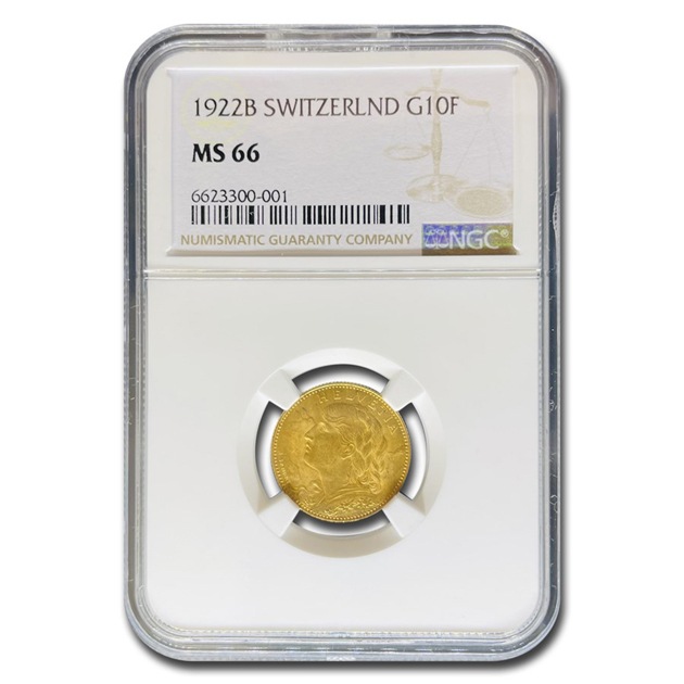 ヘルヴェティア 10フラン金貨 スイス 1922年製 MS-66 NGC アンティーク
