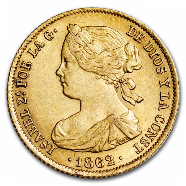 イサベル2世 スペイン女王 100レアル金貨 スペイン 1856-1862年 AU