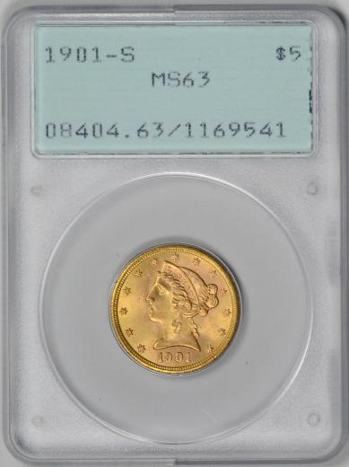 アンティークコイン　アメリカ　5ドル金貨リバティヘッド 1901-S ＄5 Gold Liberty PCGS MS63  Rattler Holder