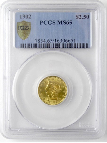 アンティークコイン　アメリカ　2.5ドル金貨 1902 ＄2 1/2 PCGS MS65リバティヘッド